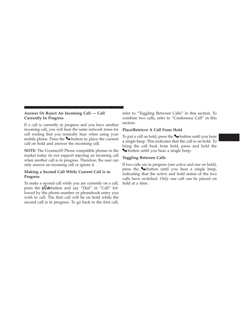 Place/retrieve a call from hold, Toggling between calls | Jeep 2014 Wrangler - Owner Manual User Manual | Page 131 / 678