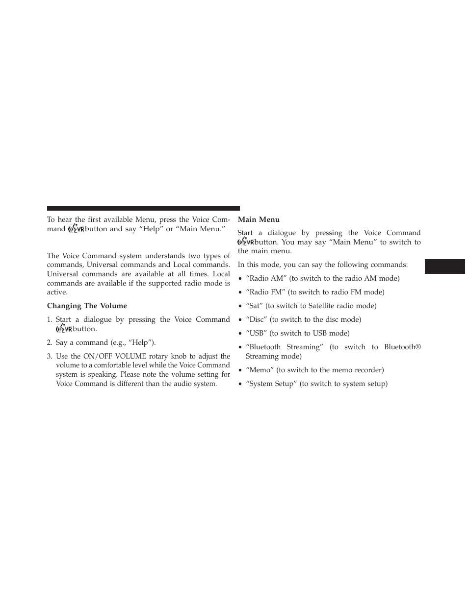 Commands, Changing the volume, Main menu | Jeep 2014 Wrangler - Owner Manual User Manual | Page 153 / 678