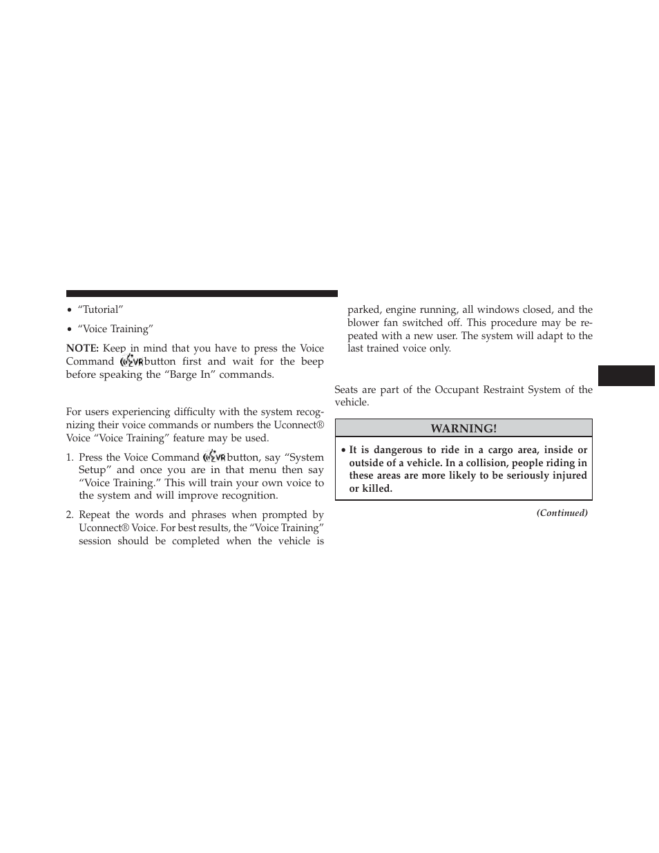 Voice training, Seats | Jeep 2014 Wrangler - Owner Manual User Manual | Page 157 / 678