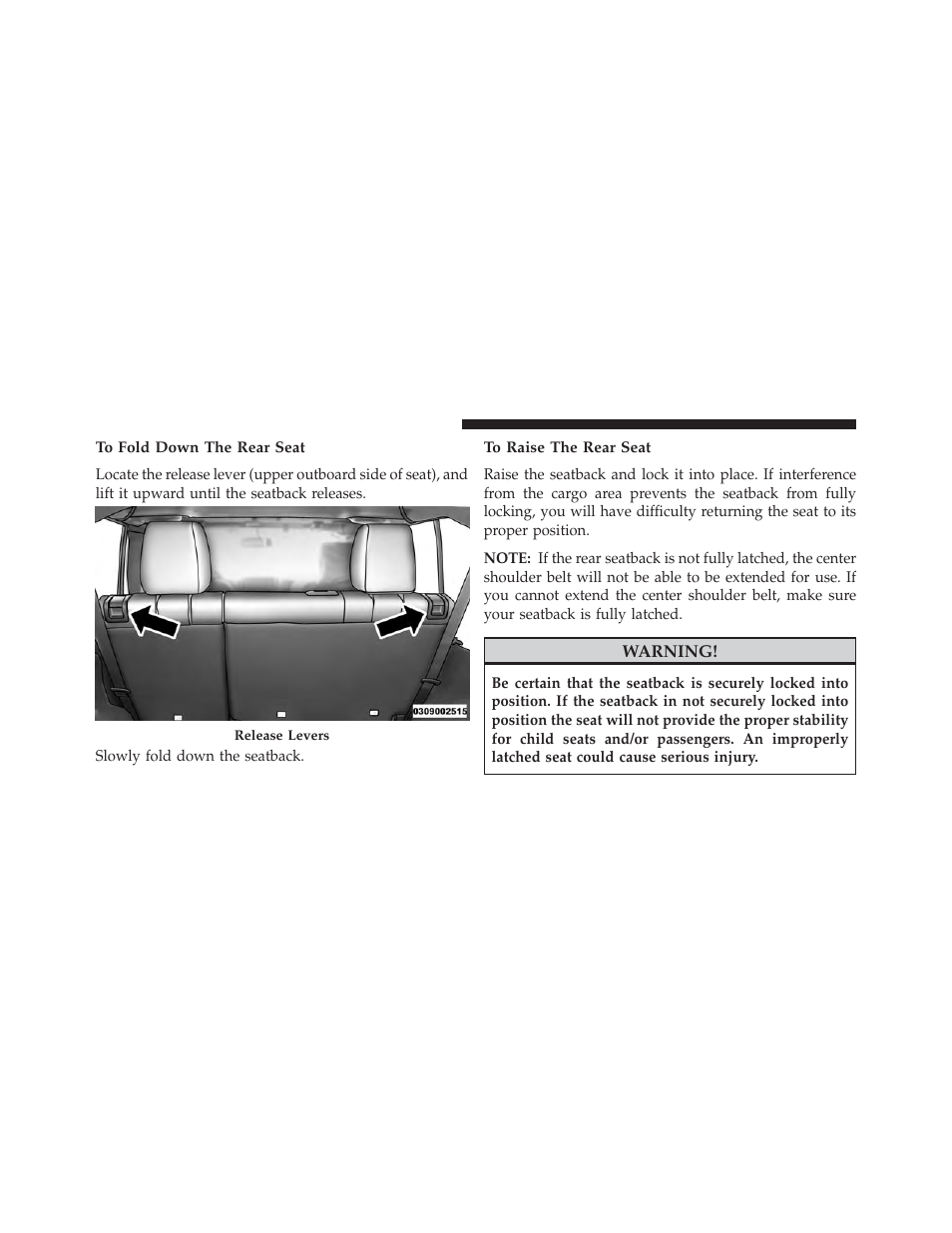 To fold down the rear seat, To raise the rear seat | Jeep 2014 Wrangler - Owner Manual User Manual | Page 170 / 678