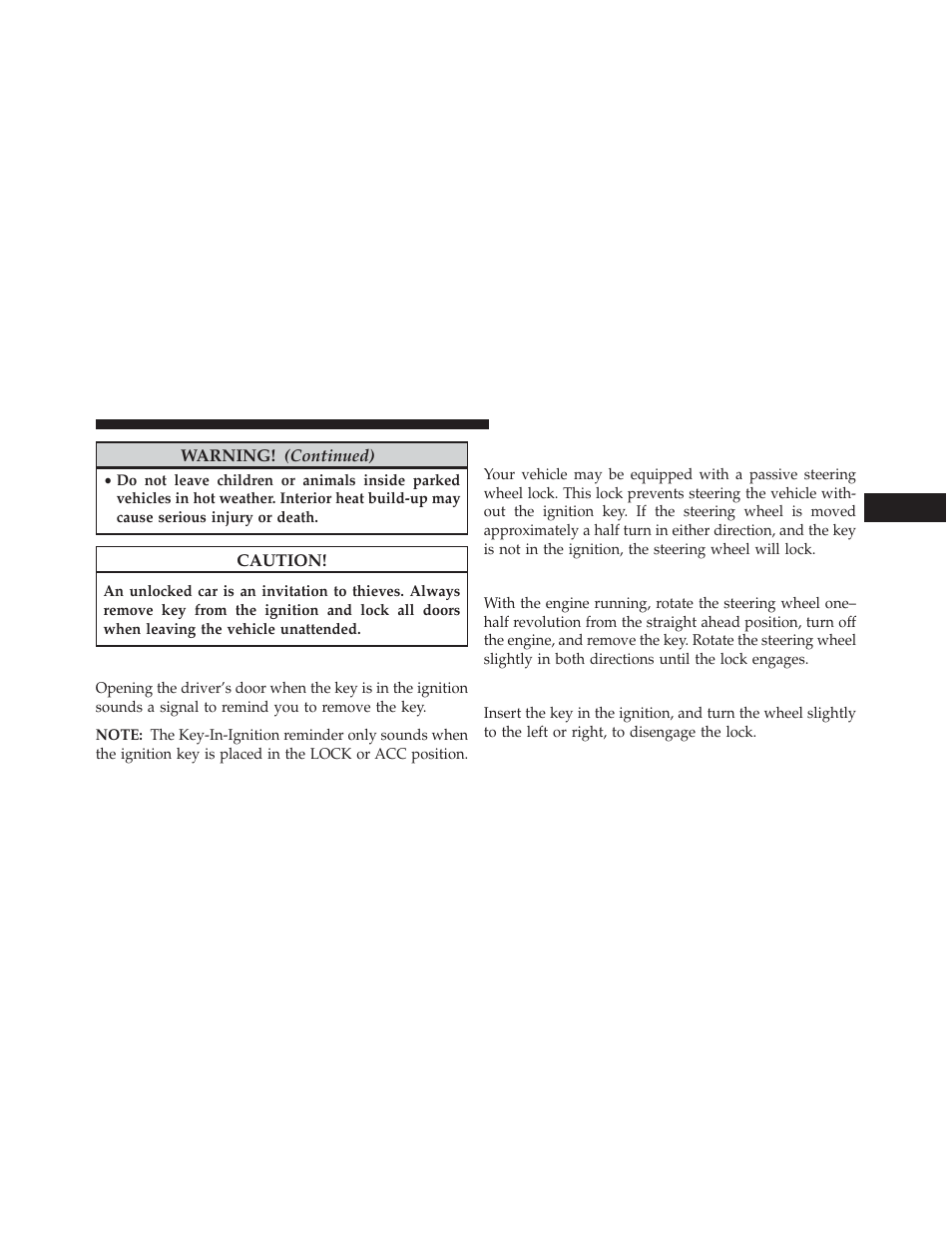 Key-in-ignition reminder, Steering wheel lock — if equipped, To manually lock the steering wheel | To release the steering wheel lock | Jeep 2014 Wrangler - Owner Manual User Manual | Page 19 / 678