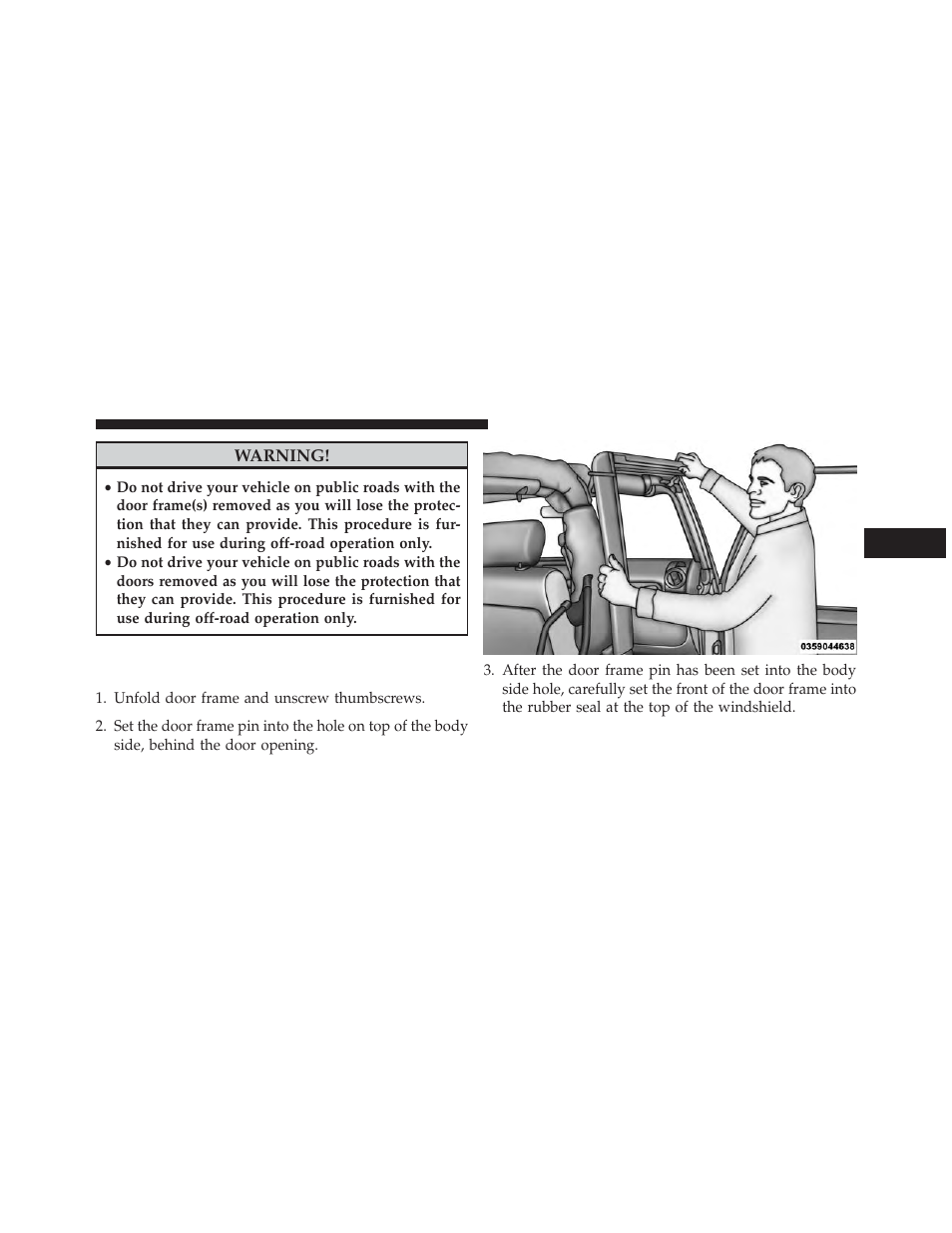 Door frame installation — two-door models, If equipped | Jeep 2014 Wrangler - Owner Manual User Manual | Page 223 / 678