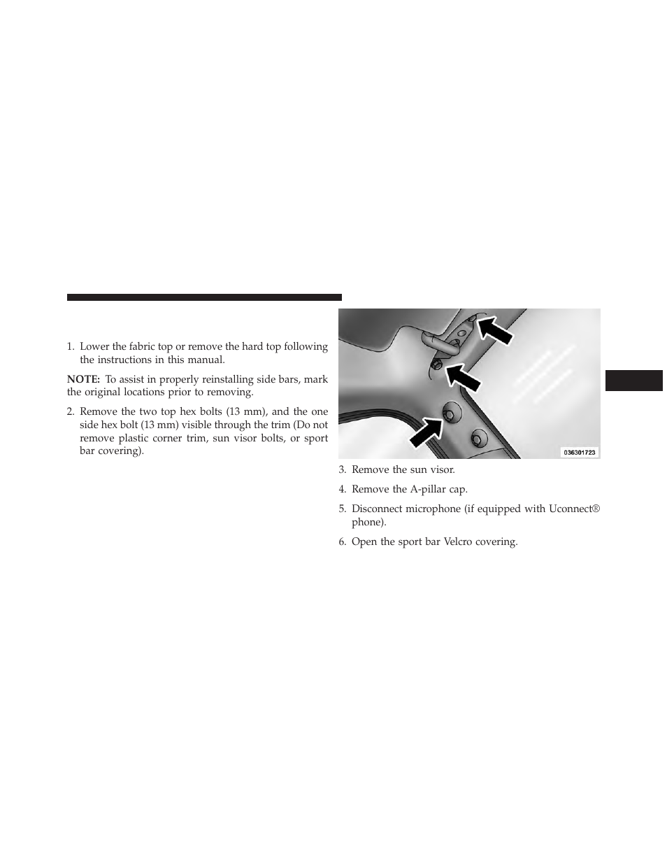 Lowering the windshield and removing side bars, Lowering the windshield and removing side, Bars | Jeep 2014 Wrangler - Owner Manual User Manual | Page 297 / 678