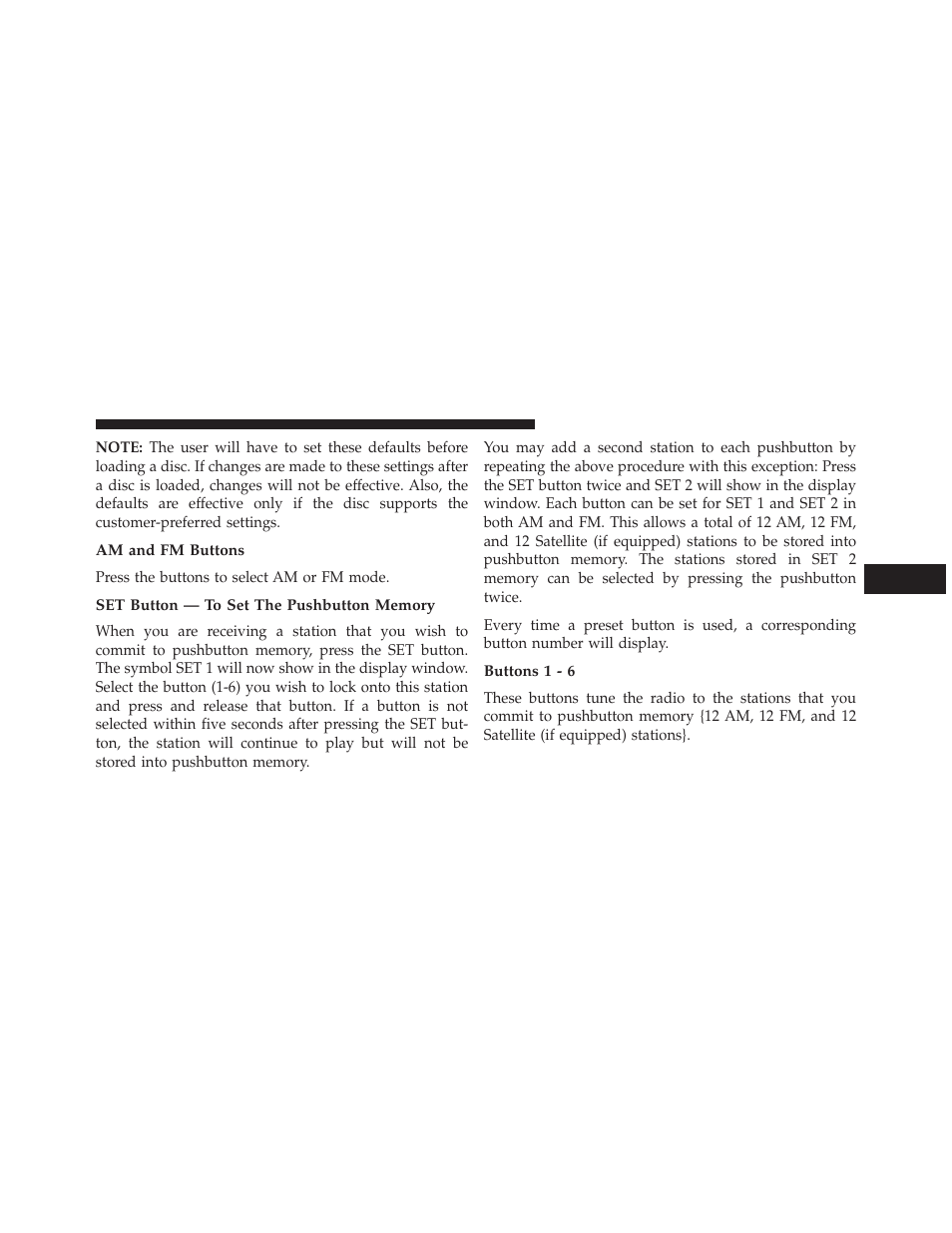 Am and fm buttons, Set button — to set the pushbutton memory, Buttons 1 - 6 | Jeep 2014 Wrangler - Owner Manual User Manual | Page 353 / 678