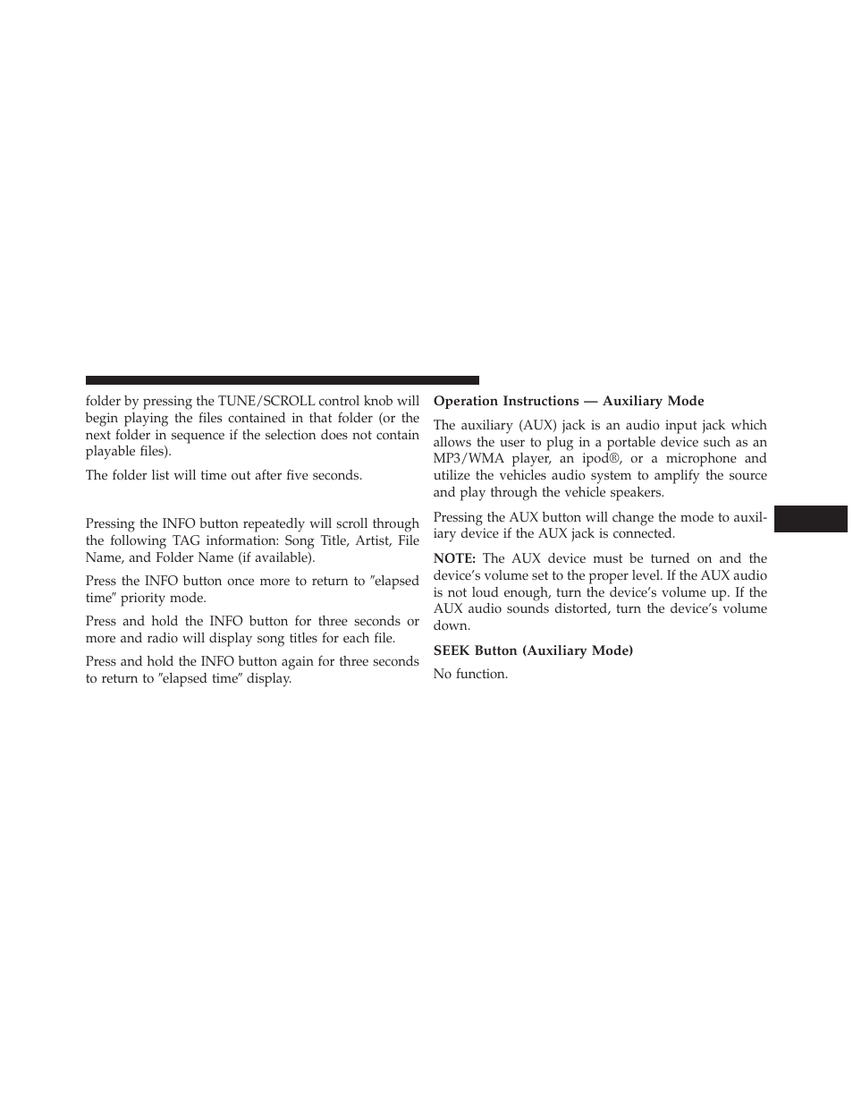 Info button — disc mode for mp3/wma play, Operation instructions — auxiliary mode, Seek button (auxiliary mode) | Info button — disc mode for mp3/wma, Play | Jeep 2014 Wrangler - Owner Manual User Manual | Page 359 / 678