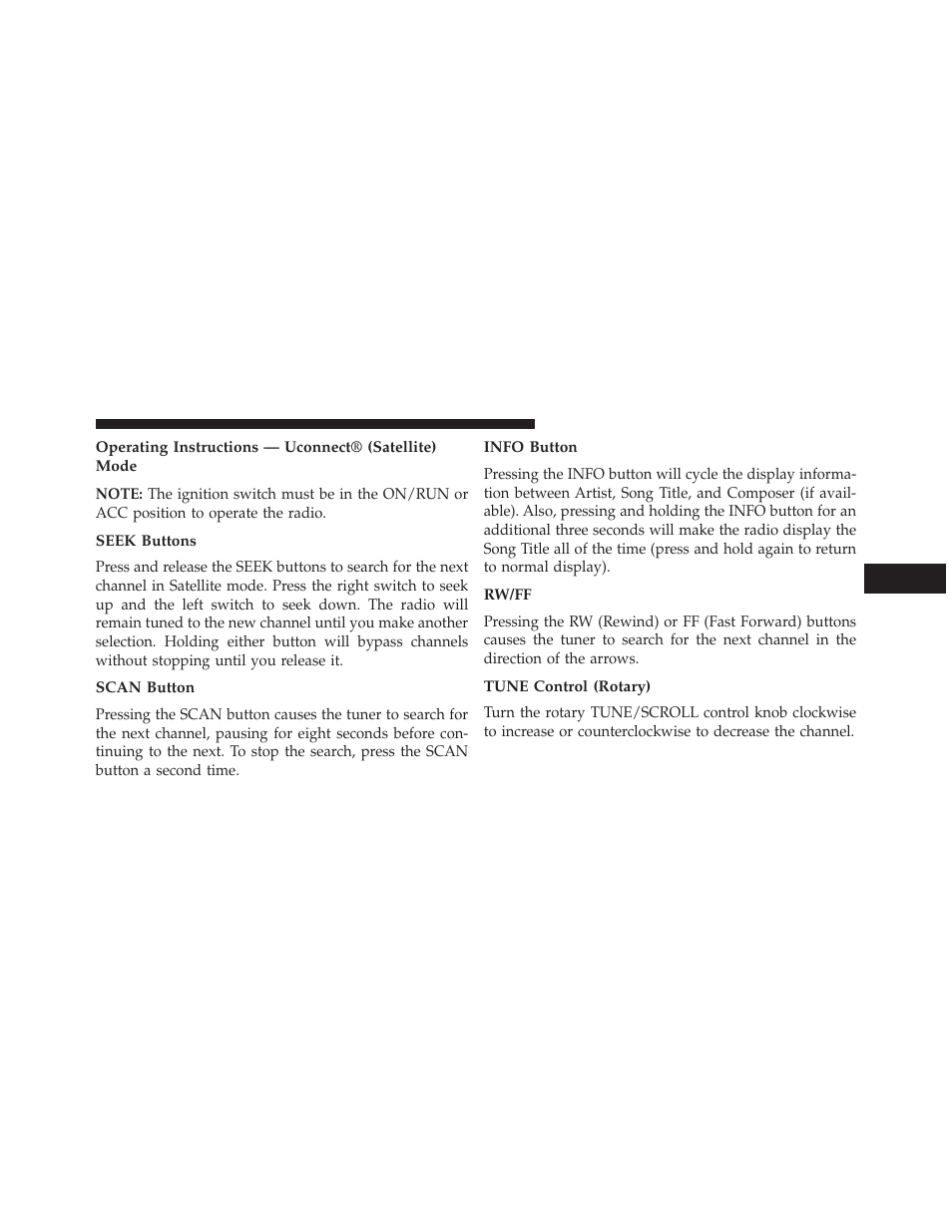 Seek buttons, Scan button, Info button | Rw/ff, Tune control (rotary) | Jeep 2014 Wrangler - Owner Manual User Manual | Page 363 / 678