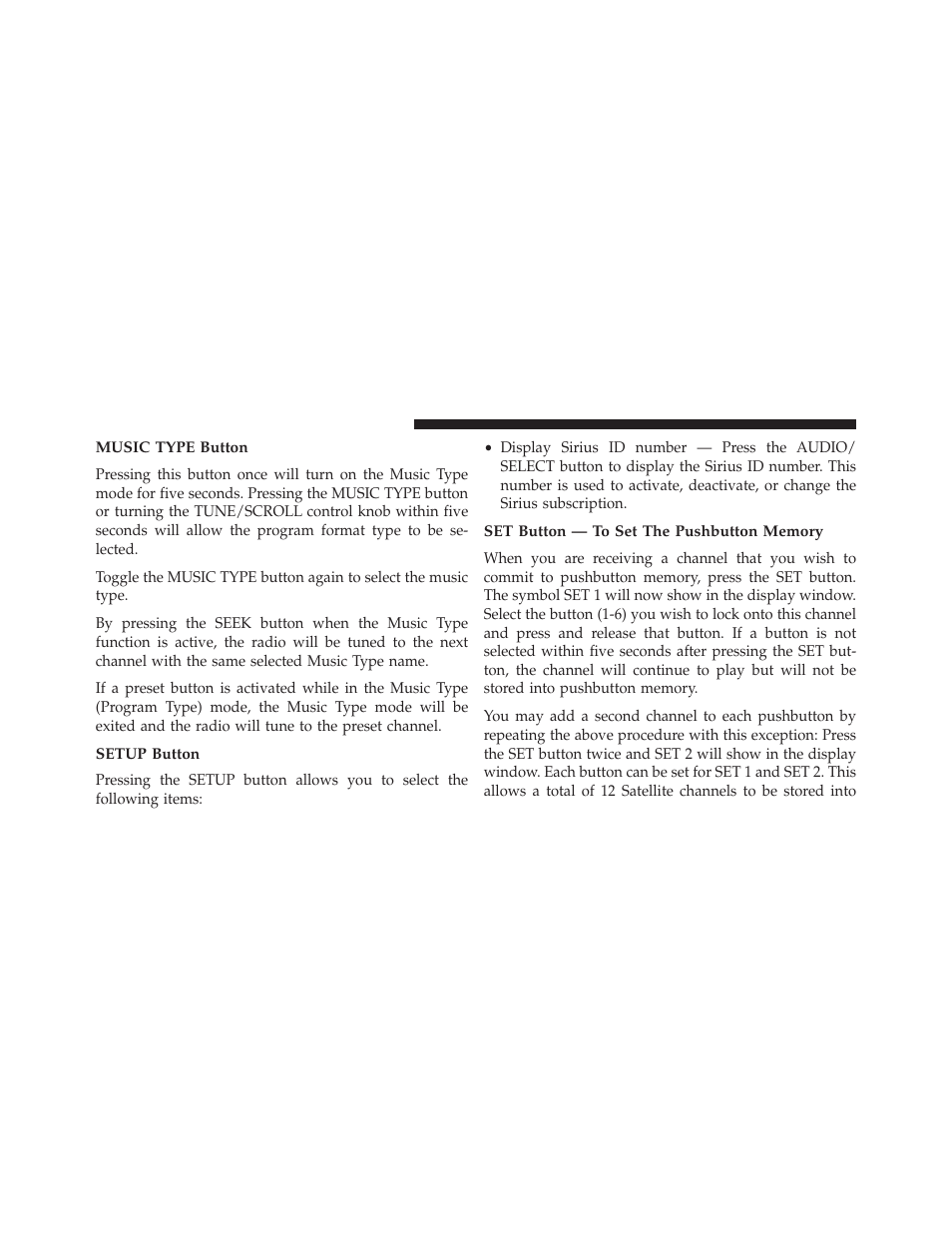 Music type button, Setup button, Set button — to set the pushbutton memory | Jeep 2014 Wrangler - Owner Manual User Manual | Page 364 / 678