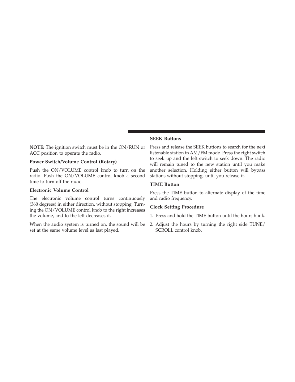 Operating instructions — radio mode, Power switch/volume control (rotary), Electronic volume control | Seek buttons, Time button, Clock setting procedure | Jeep 2014 Wrangler - Owner Manual User Manual | Page 366 / 678