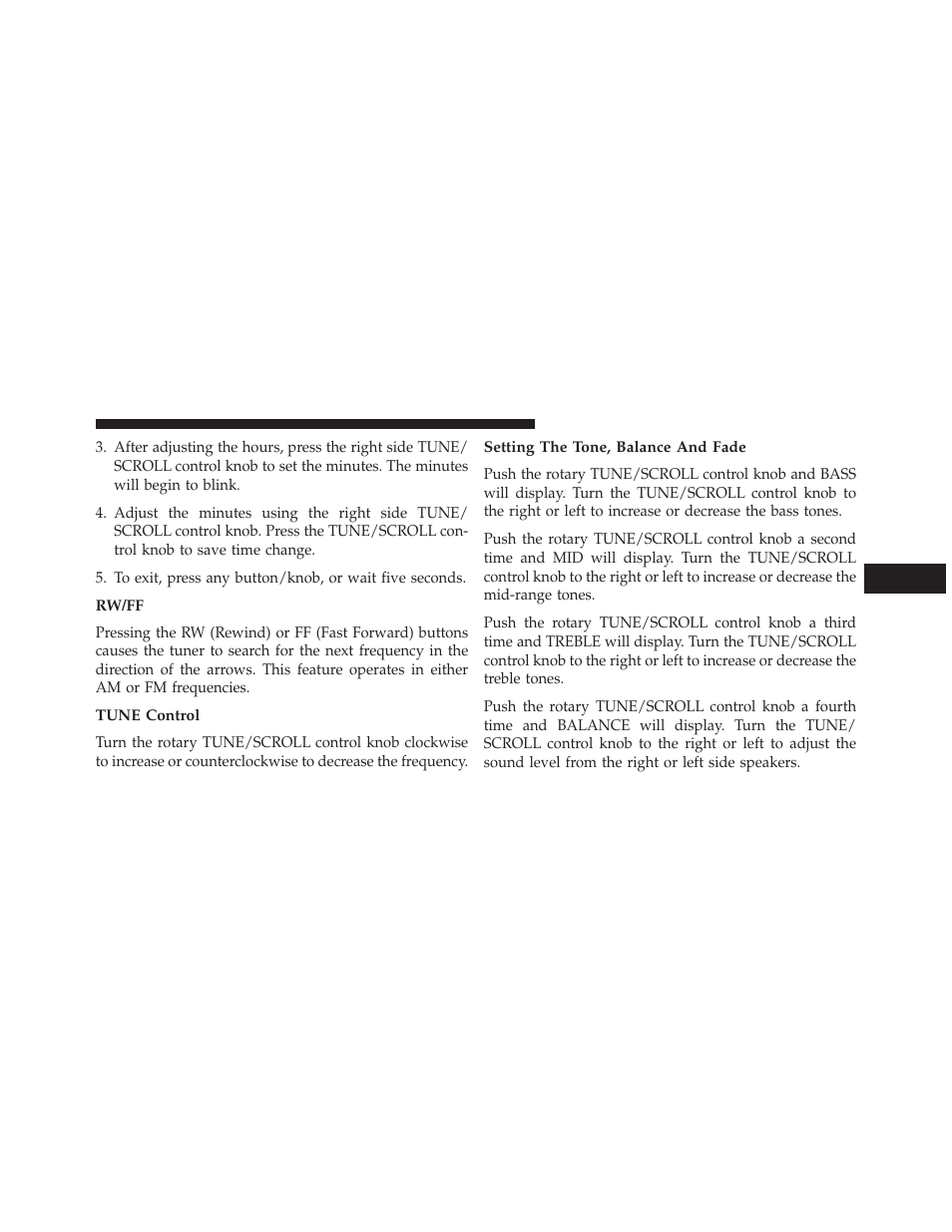 Rw/ff, Tune control, Setting the tone, balance and fade | Jeep 2014 Wrangler - Owner Manual User Manual | Page 367 / 678