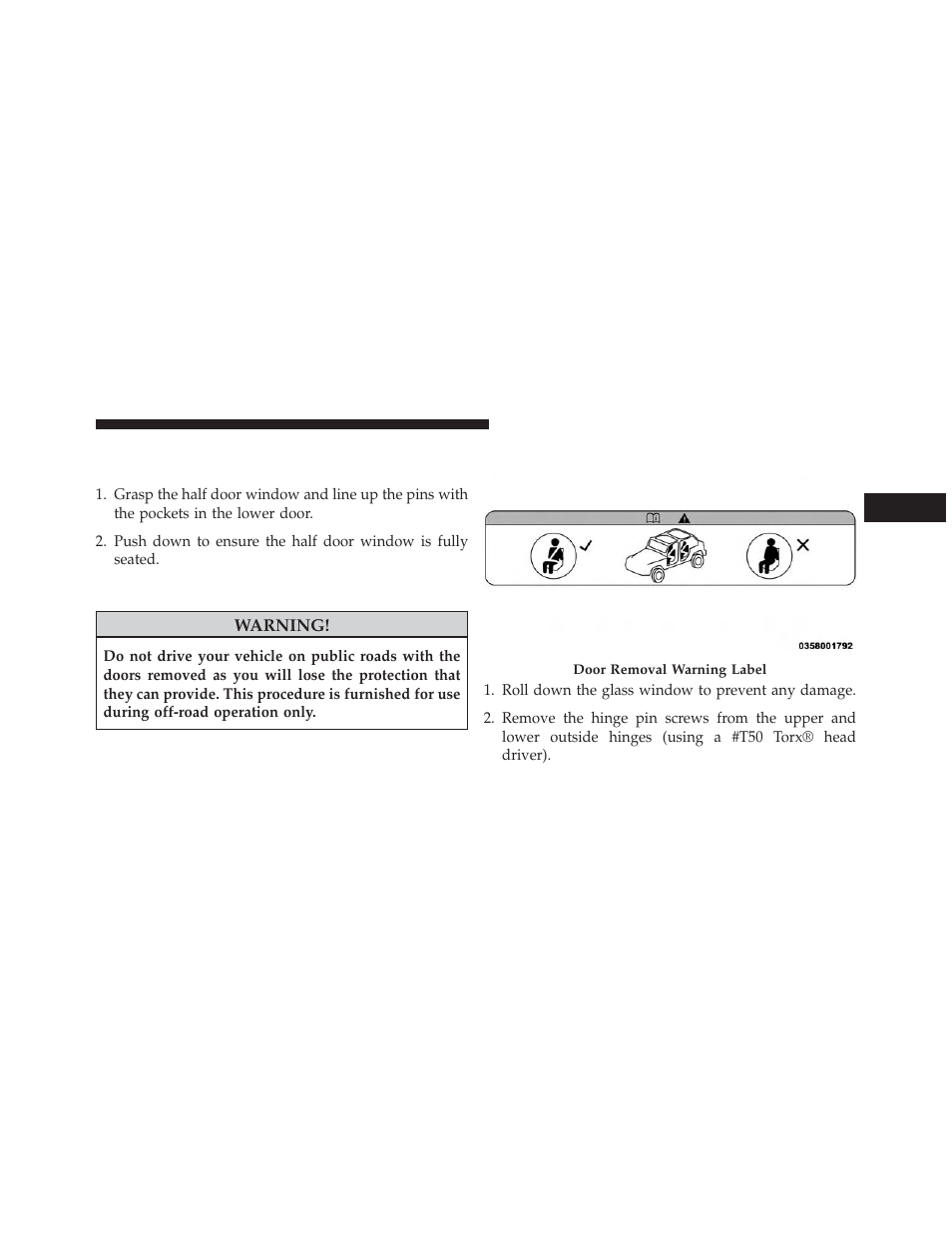 Upper half door window installation — if equipped, Front door removal, Upper half door window installation — if | Equipped | Jeep 2014 Wrangler - Owner Manual User Manual | Page 37 / 678