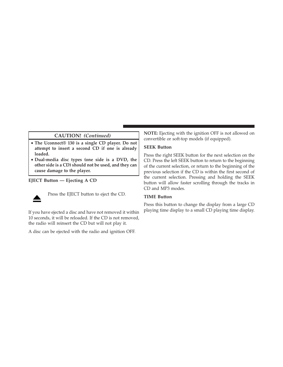 Eject button — ejecting a cd, Seek button, Time button | Jeep 2014 Wrangler - Owner Manual User Manual | Page 370 / 678