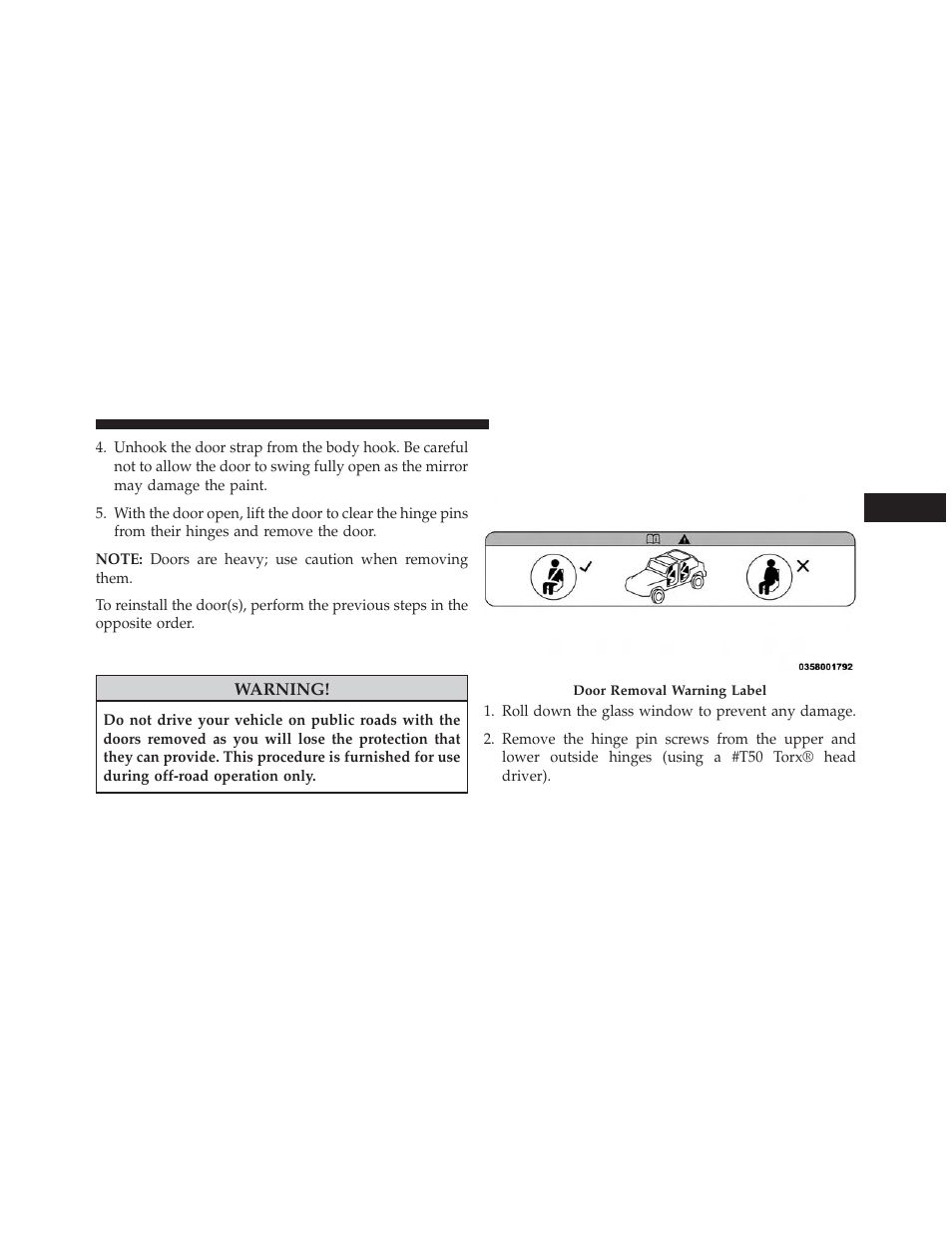 Rear door removal (four-door models) | Jeep 2014 Wrangler - Owner Manual User Manual | Page 39 / 678
