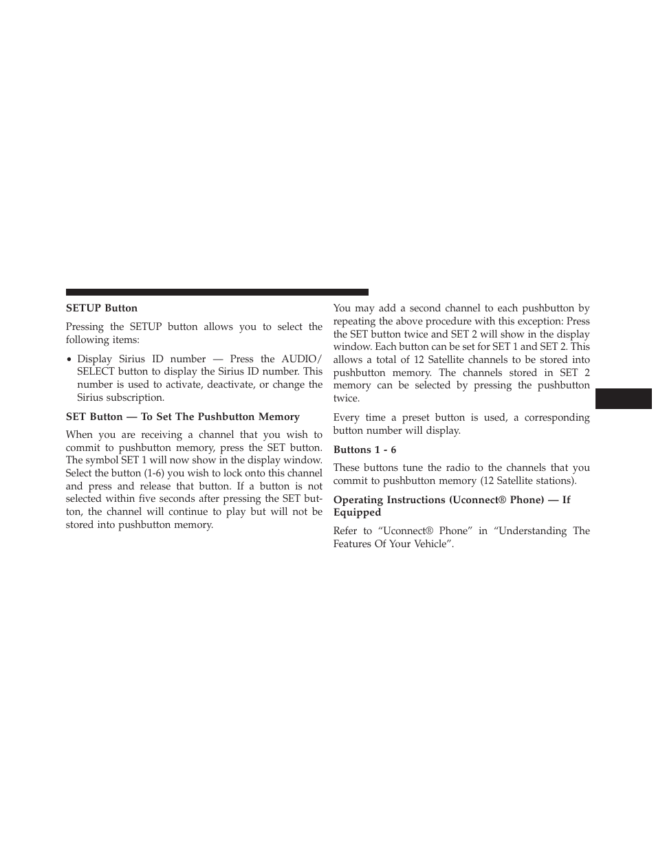 Setup button, Set button — to set the pushbutton memory, Buttons 1 - 6 | Jeep 2014 Wrangler - Owner Manual User Manual | Page 391 / 678
