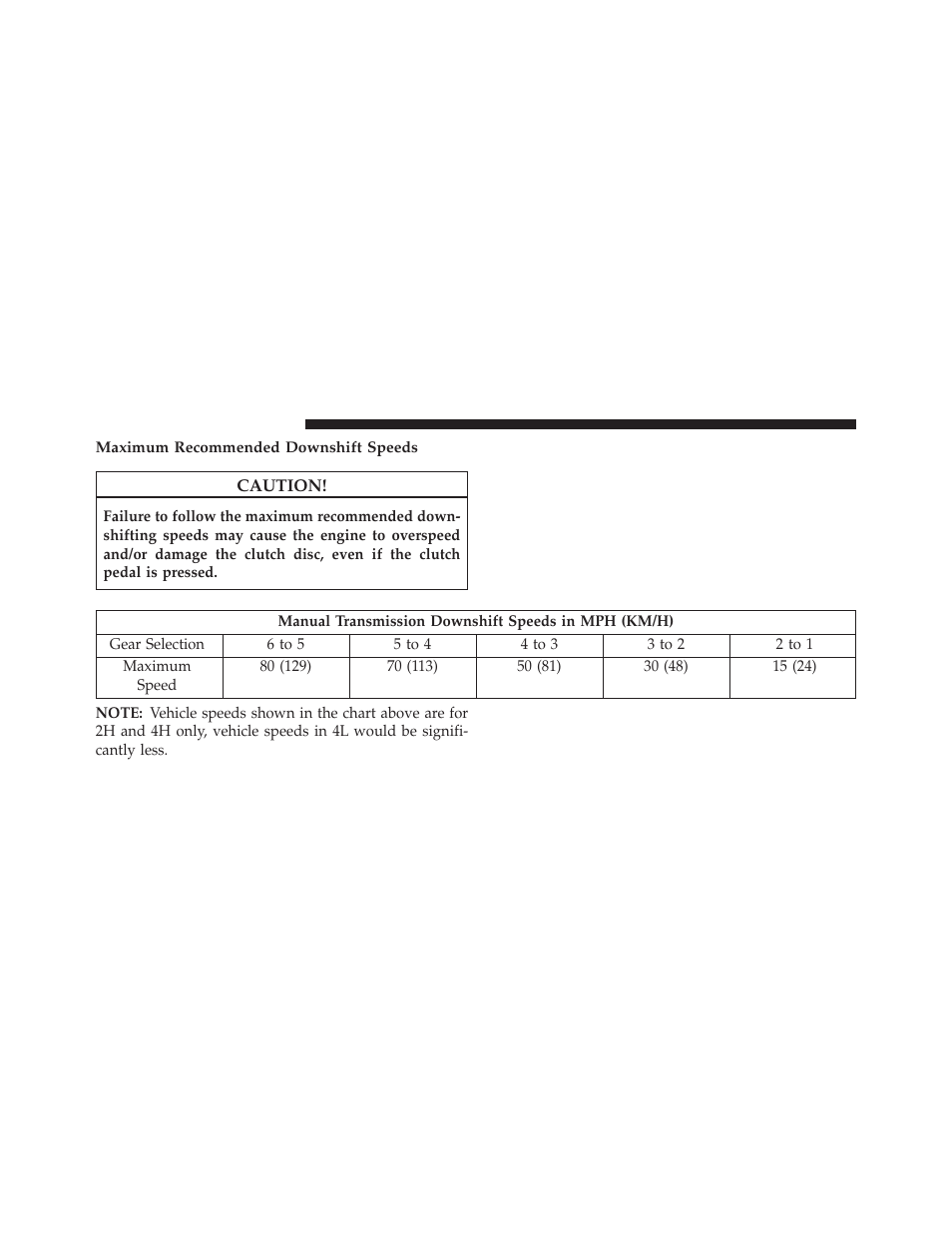 Maximum recommended downshift speeds | Jeep 2014 Wrangler - Owner Manual User Manual | Page 428 / 678
