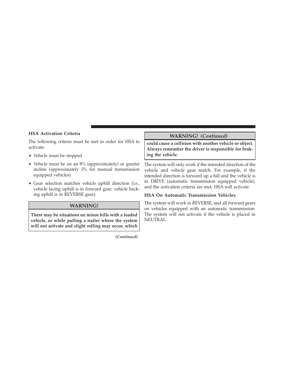 Hsa activation criteria, Hsa on automatic transmission vehicles | Jeep 2014 Wrangler - Owner Manual User Manual | Page 472 / 678