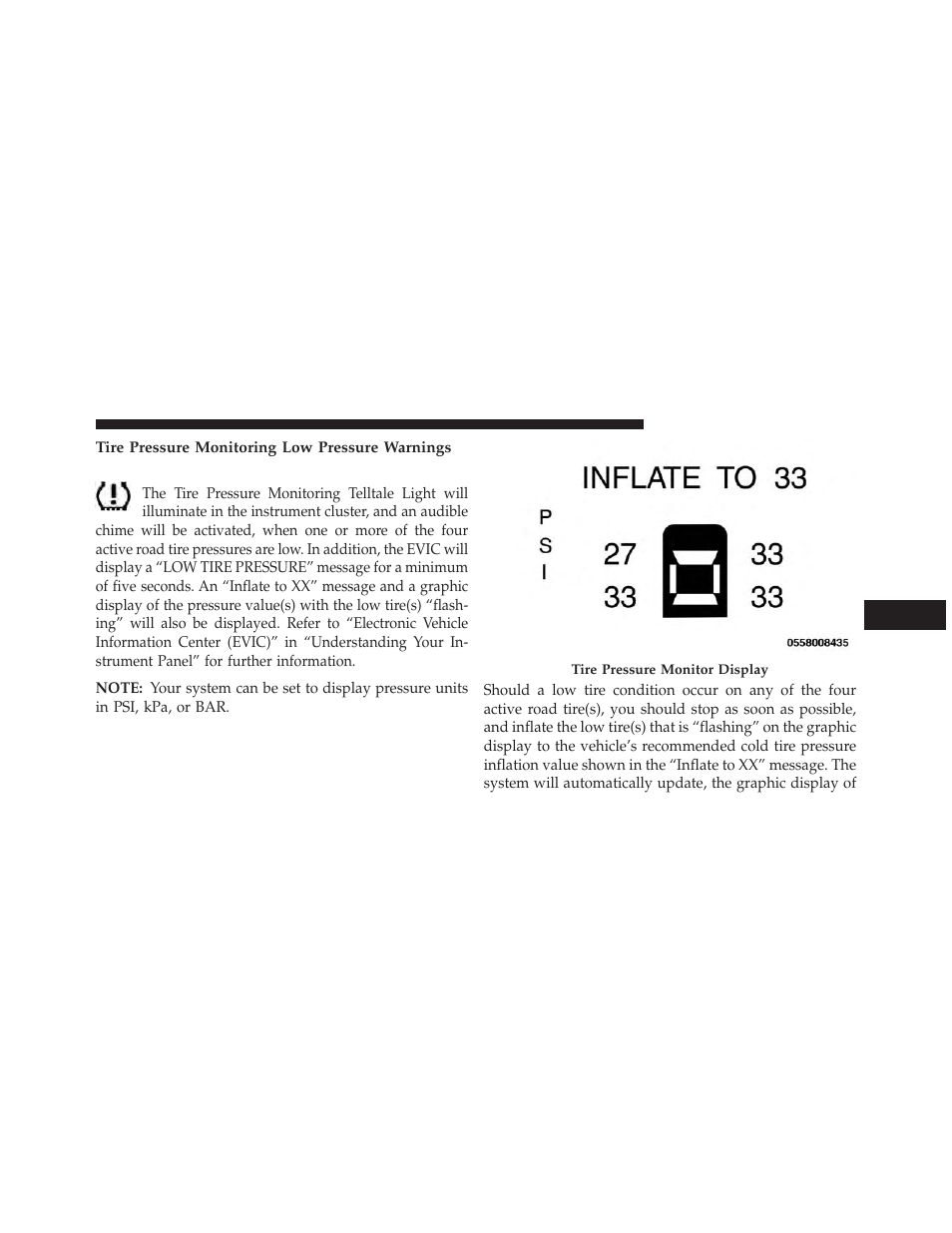 Tire pressure monitoring low pressure warnings | Jeep 2014 Wrangler - Owner Manual User Manual | Page 519 / 678