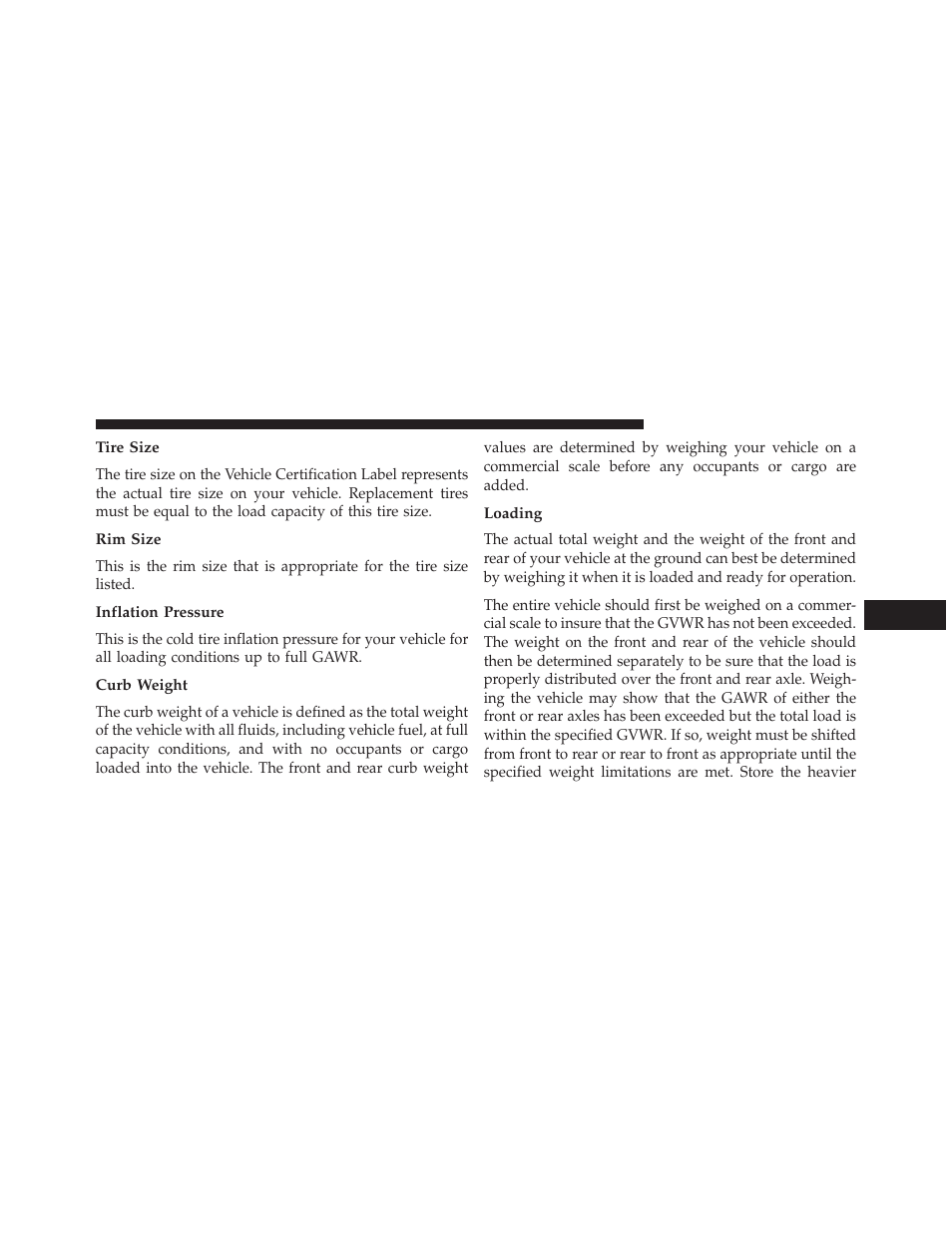 Tire size, Rim size, Inflation pressure | Curb weight, Loading | Jeep 2014 Wrangler - Owner Manual User Manual | Page 531 / 678