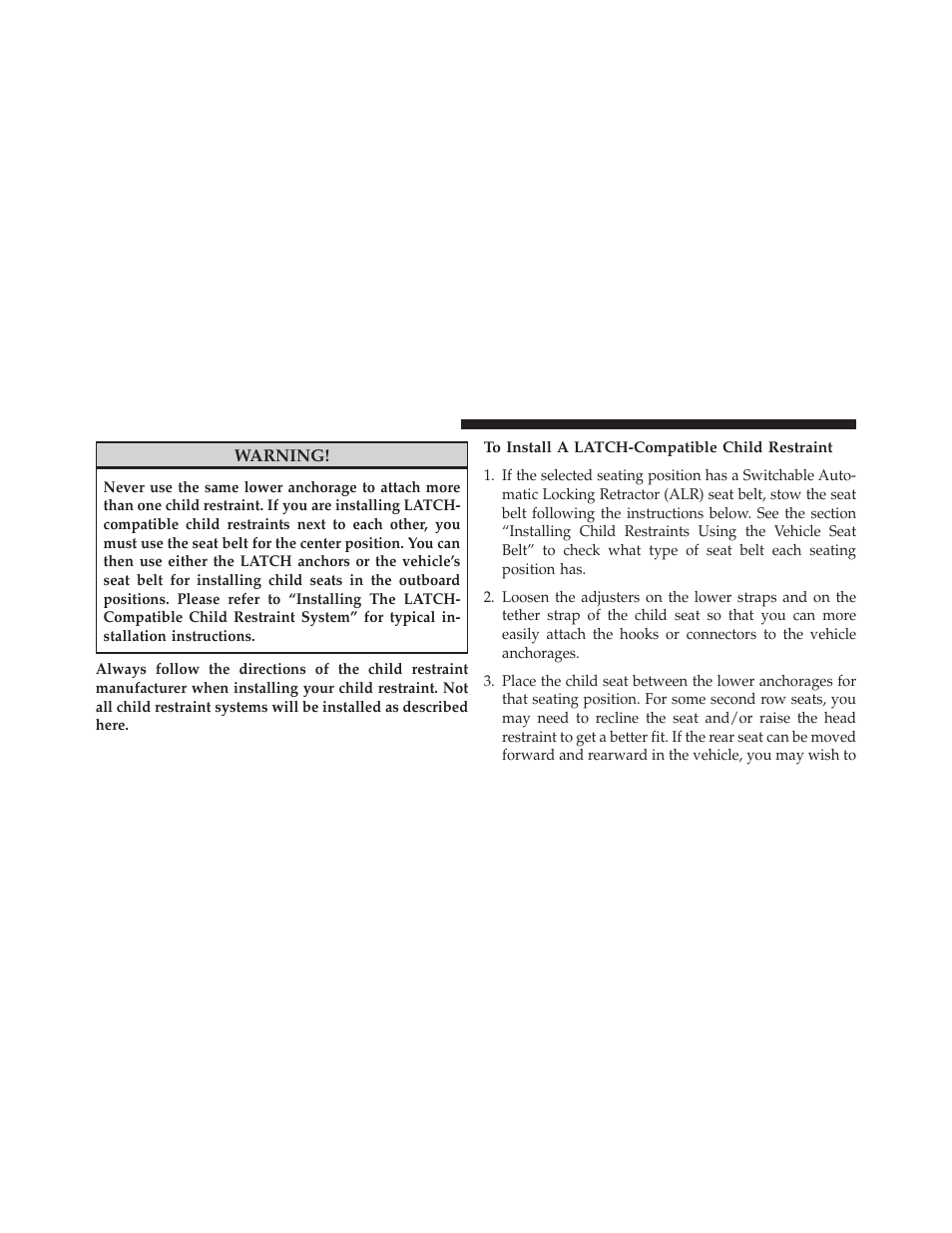 To install a latch-compatible child restraint | Jeep 2014 Wrangler - Owner Manual User Manual | Page 96 / 678