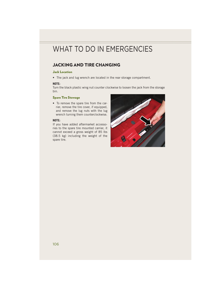 Jacking and tire changing, Jack location, Spare tire stowage | What to do in emergencies | Jeep 2014 Wrangler - User Guide User Manual | Page 108 / 148