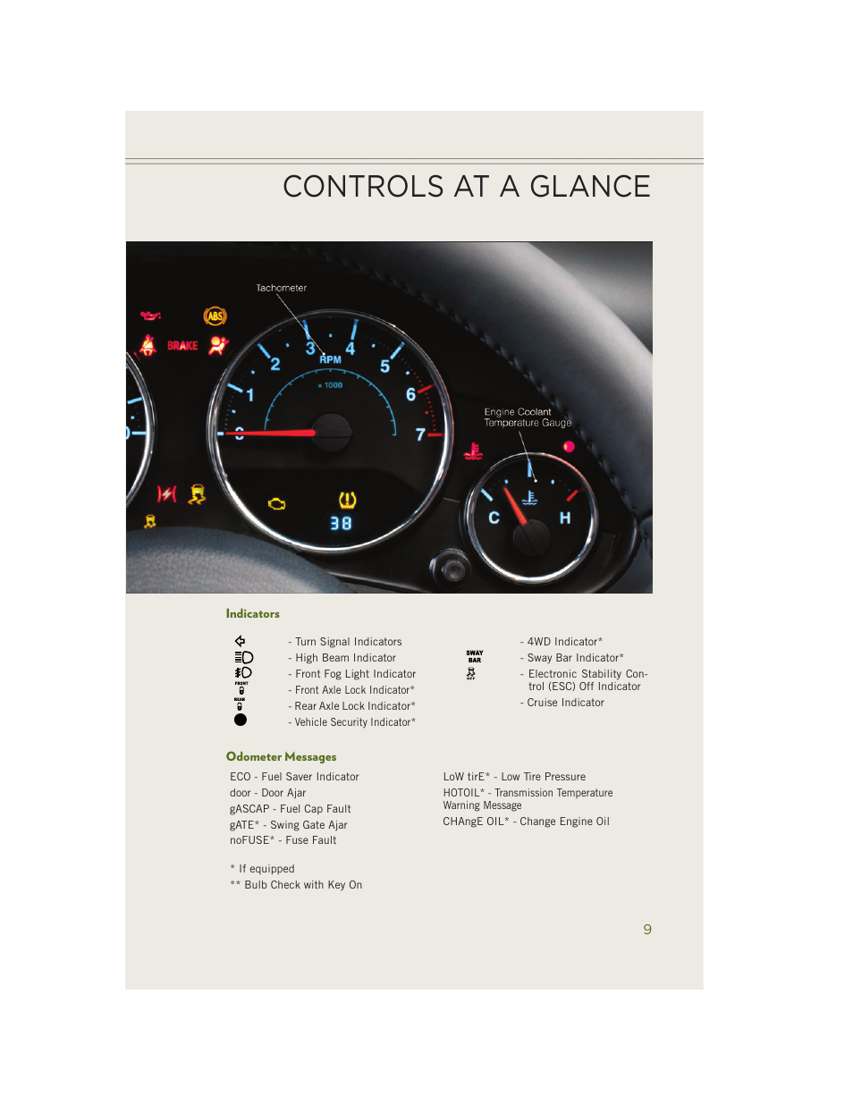 Indicators, Odometer messages, Controls at a glance | Jeep 2014 Wrangler - User Guide User Manual | Page 11 / 148