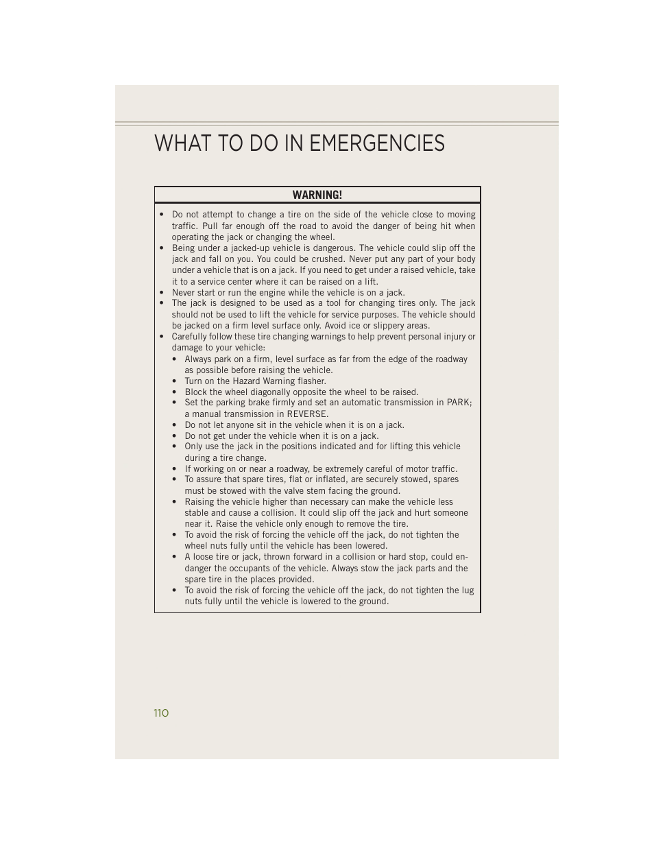 What to do in emergencies | Jeep 2014 Wrangler - User Guide User Manual | Page 112 / 148