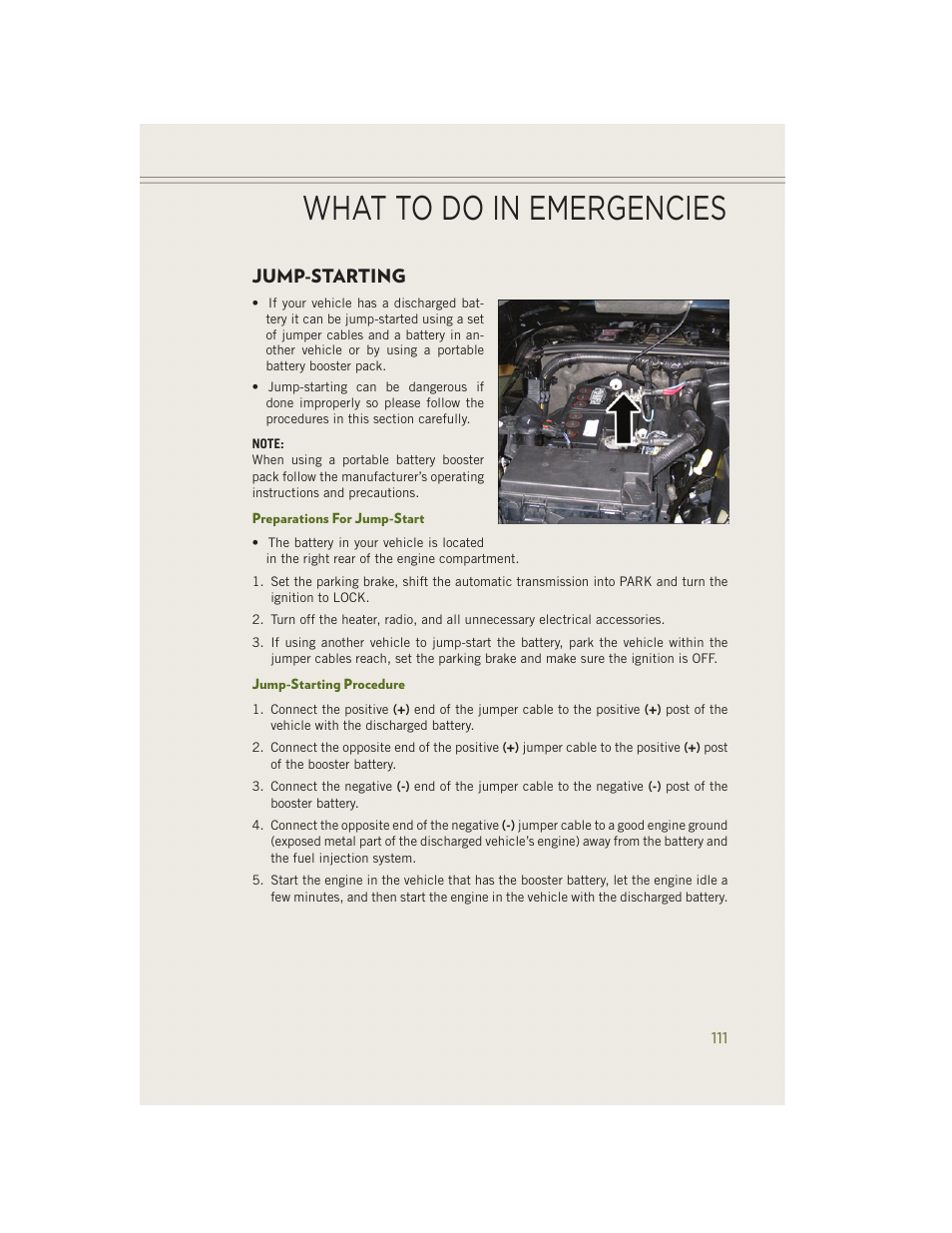 Jump-starting, Preparations for jump-start, Jump-starting procedure | What to do in emergencies | Jeep 2014 Wrangler - User Guide User Manual | Page 113 / 148