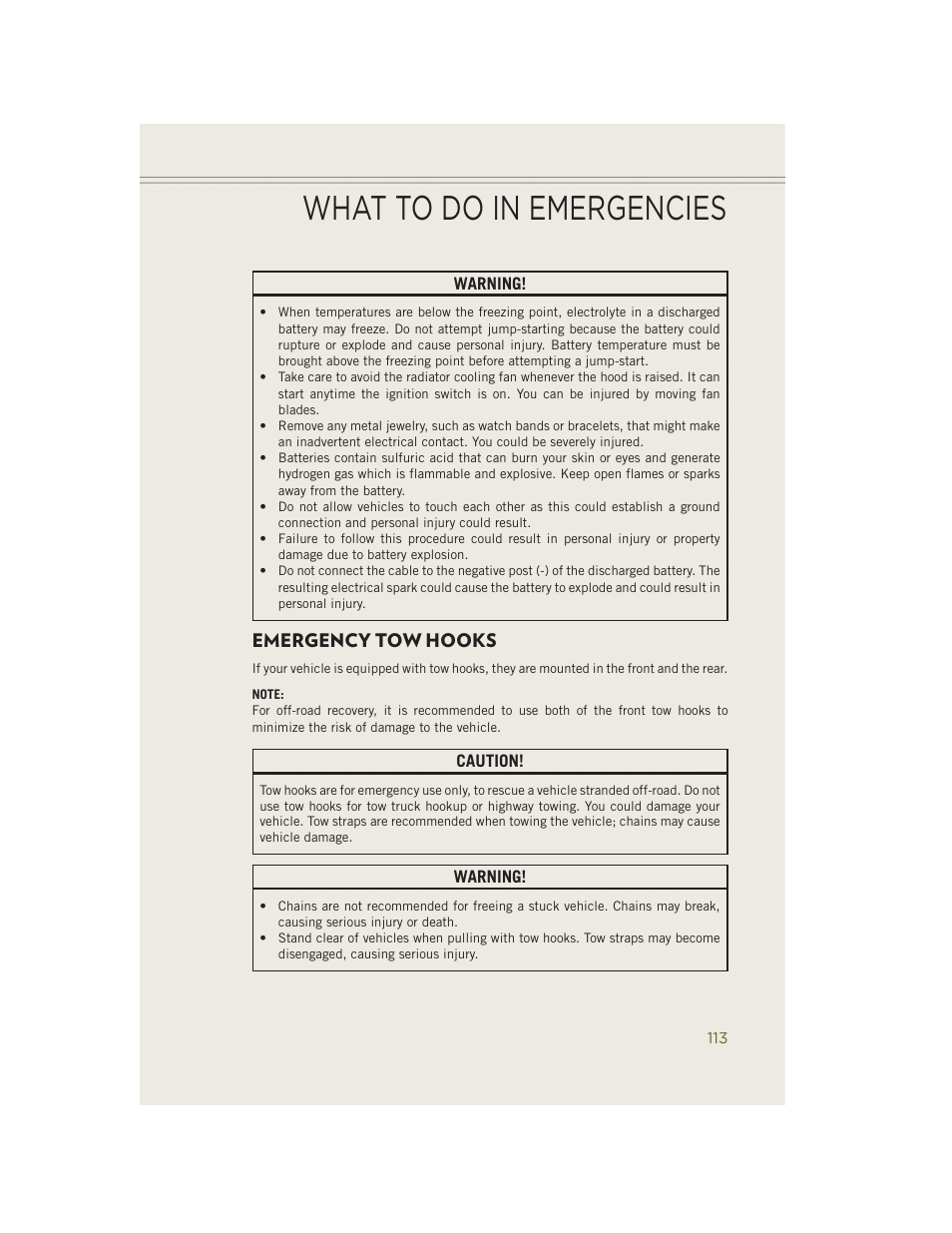 Emergency tow hooks, What to do in emergencies | Jeep 2014 Wrangler - User Guide User Manual | Page 115 / 148