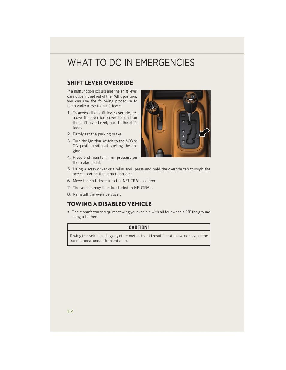 Shift lever override, Towing a disabled vehicle, What to do in emergencies | Jeep 2014 Wrangler - User Guide User Manual | Page 116 / 148