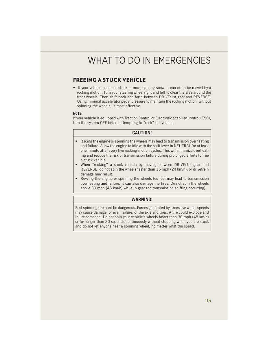 Freeing a stuck vehicle, What to do in emergencies | Jeep 2014 Wrangler - User Guide User Manual | Page 117 / 148