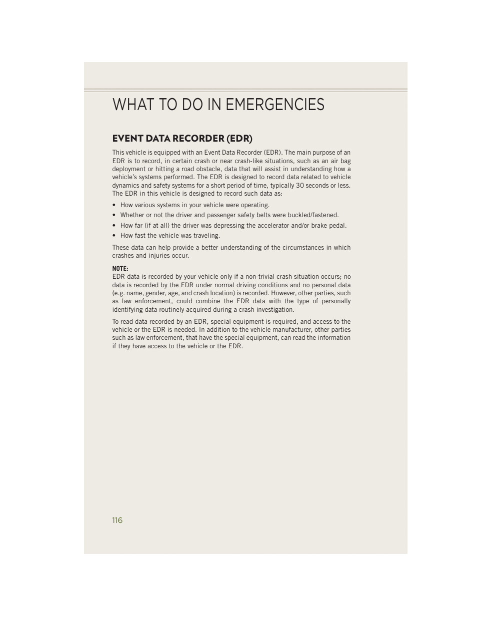Event data recorder (edr), What to do in emergencies | Jeep 2014 Wrangler - User Guide User Manual | Page 118 / 148