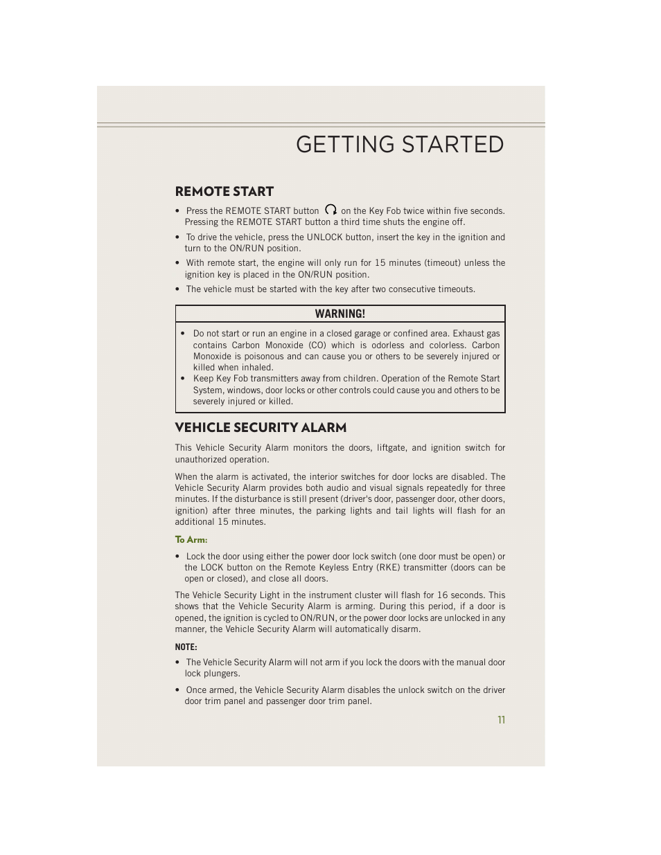 Remote start, Vehicle security alarm, To arm | Getting started | Jeep 2014 Wrangler - User Guide User Manual | Page 13 / 148