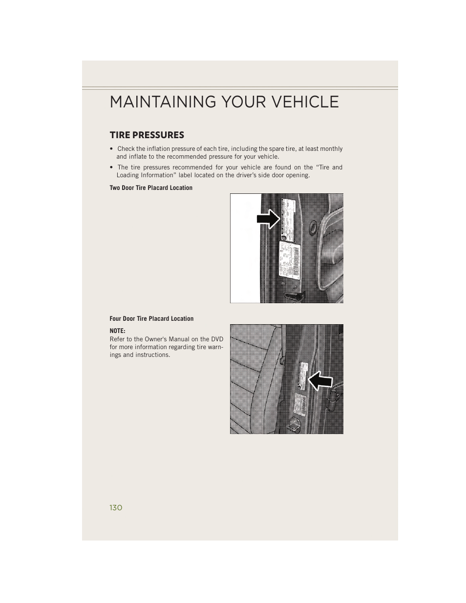 Tire pressures, Maintaining your vehicle | Jeep 2014 Wrangler - User Guide User Manual | Page 132 / 148