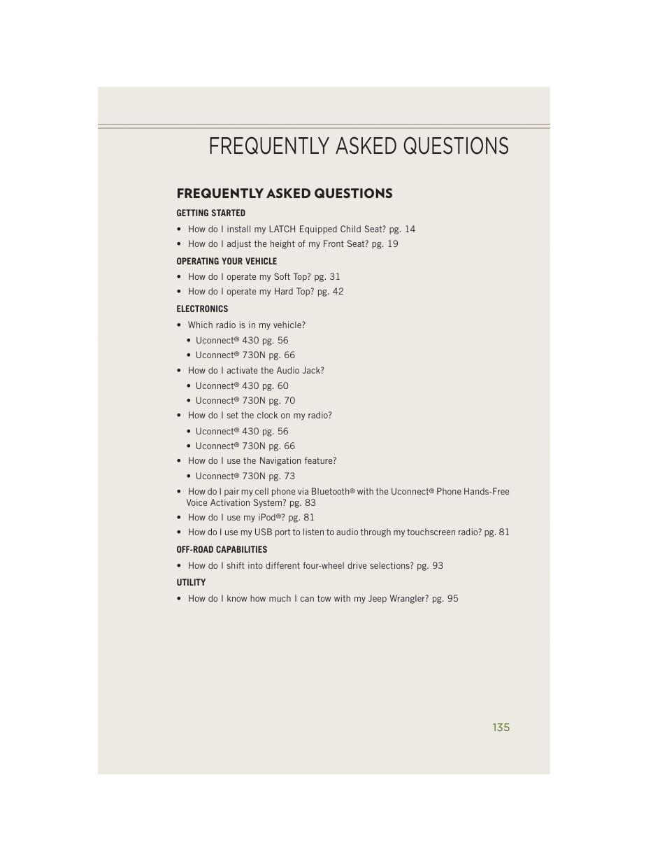 Frequently asked questions | Jeep 2014 Wrangler - User Guide User Manual | Page 137 / 148
