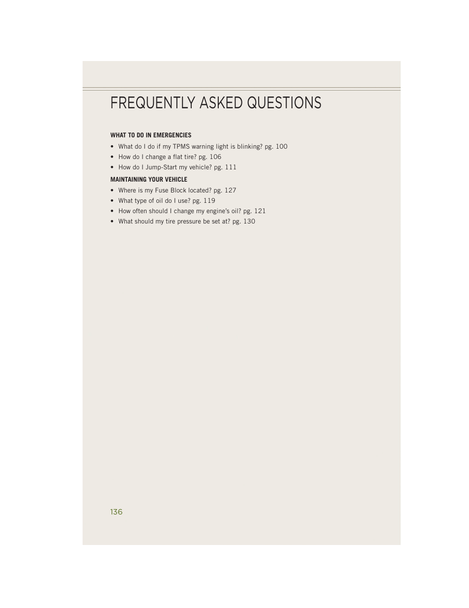 Frequently asked questions | Jeep 2014 Wrangler - User Guide User Manual | Page 138 / 148