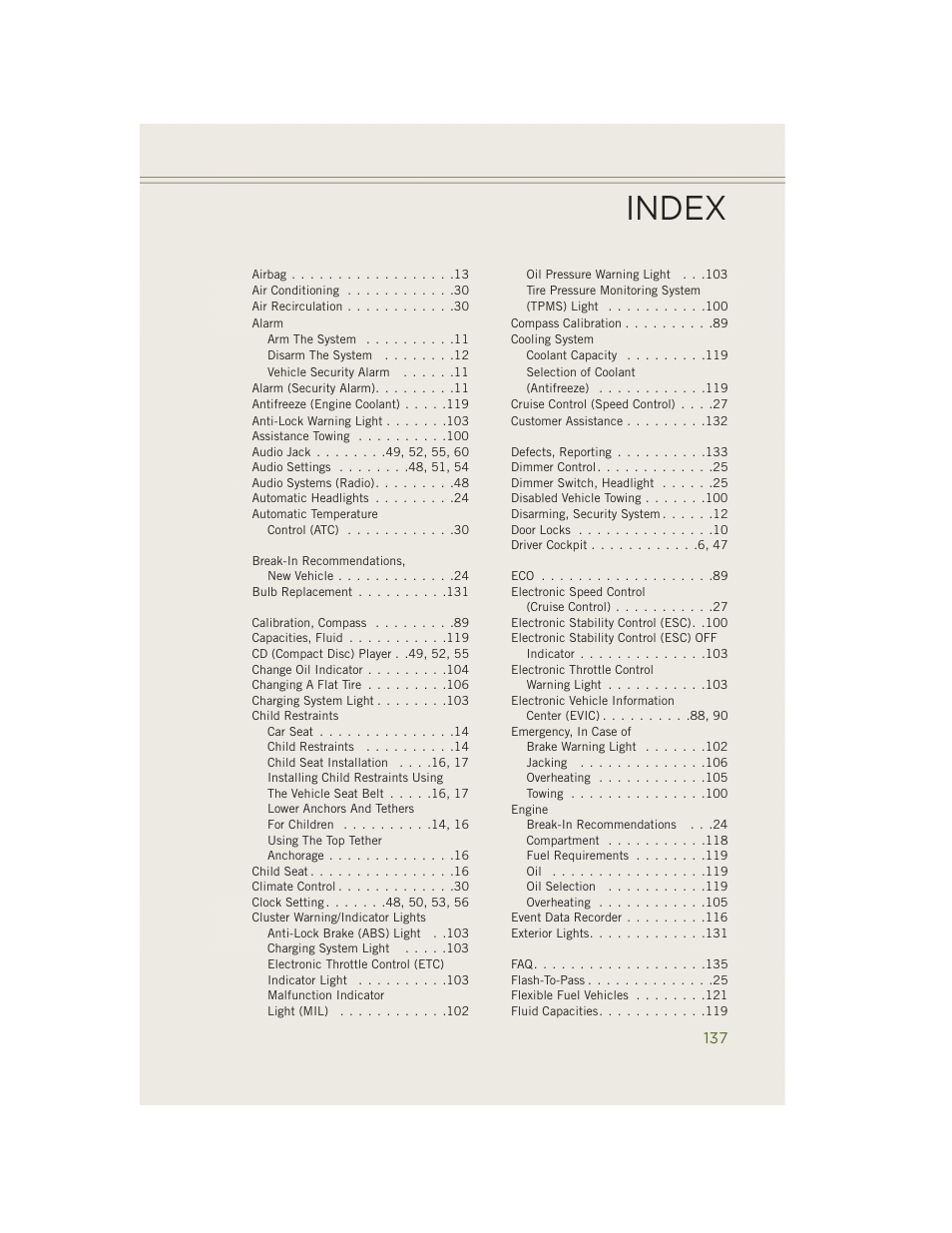 Index | Jeep 2014 Wrangler - User Guide User Manual | Page 139 / 148