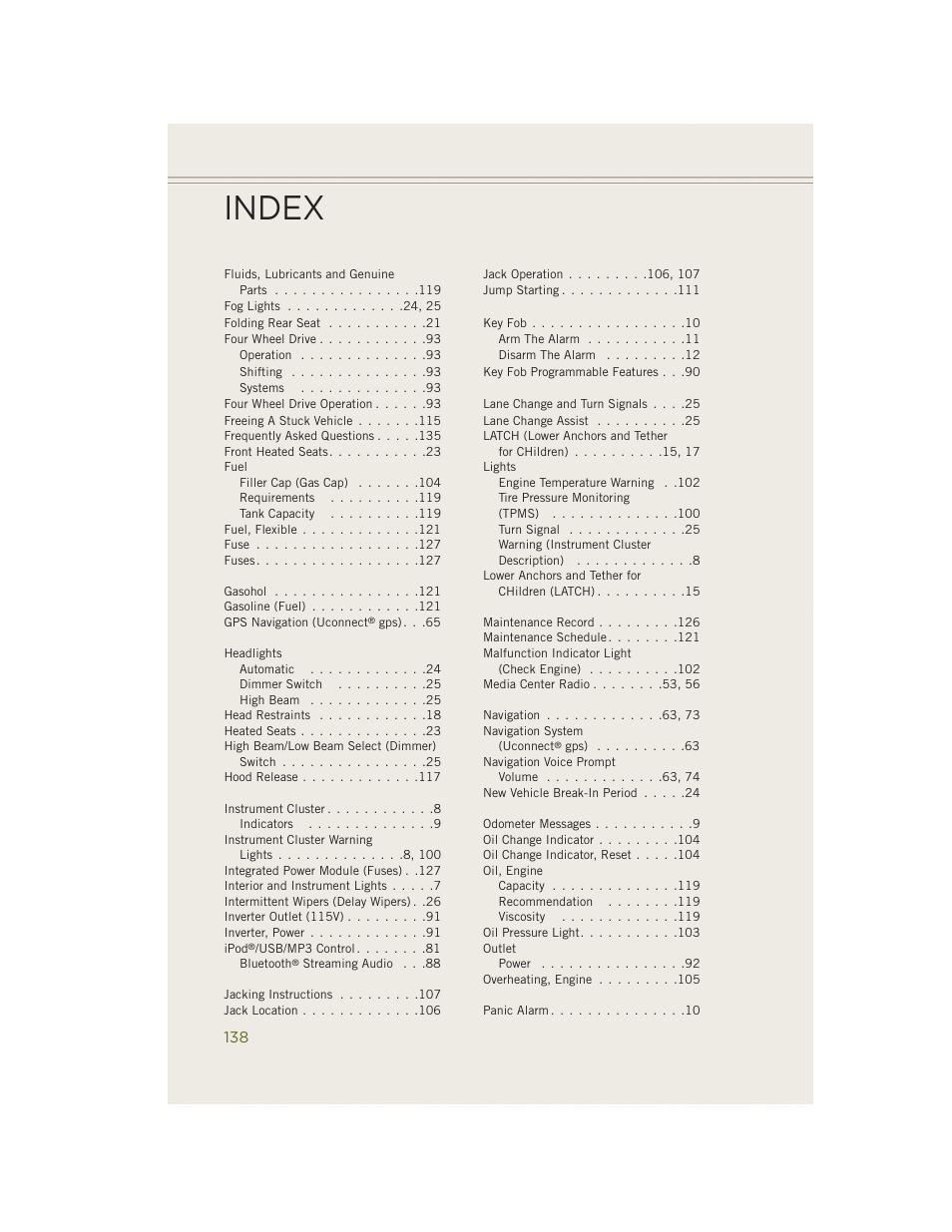 Index | Jeep 2014 Wrangler - User Guide User Manual | Page 140 / 148