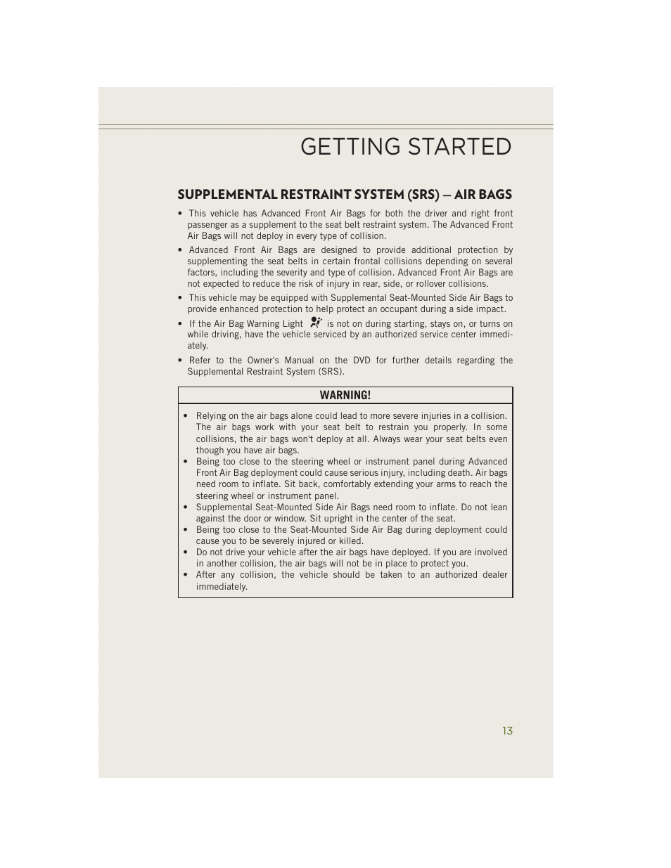 Supplemental restraint system (srs) — air bags, Getting started | Jeep 2014 Wrangler - User Guide User Manual | Page 15 / 148