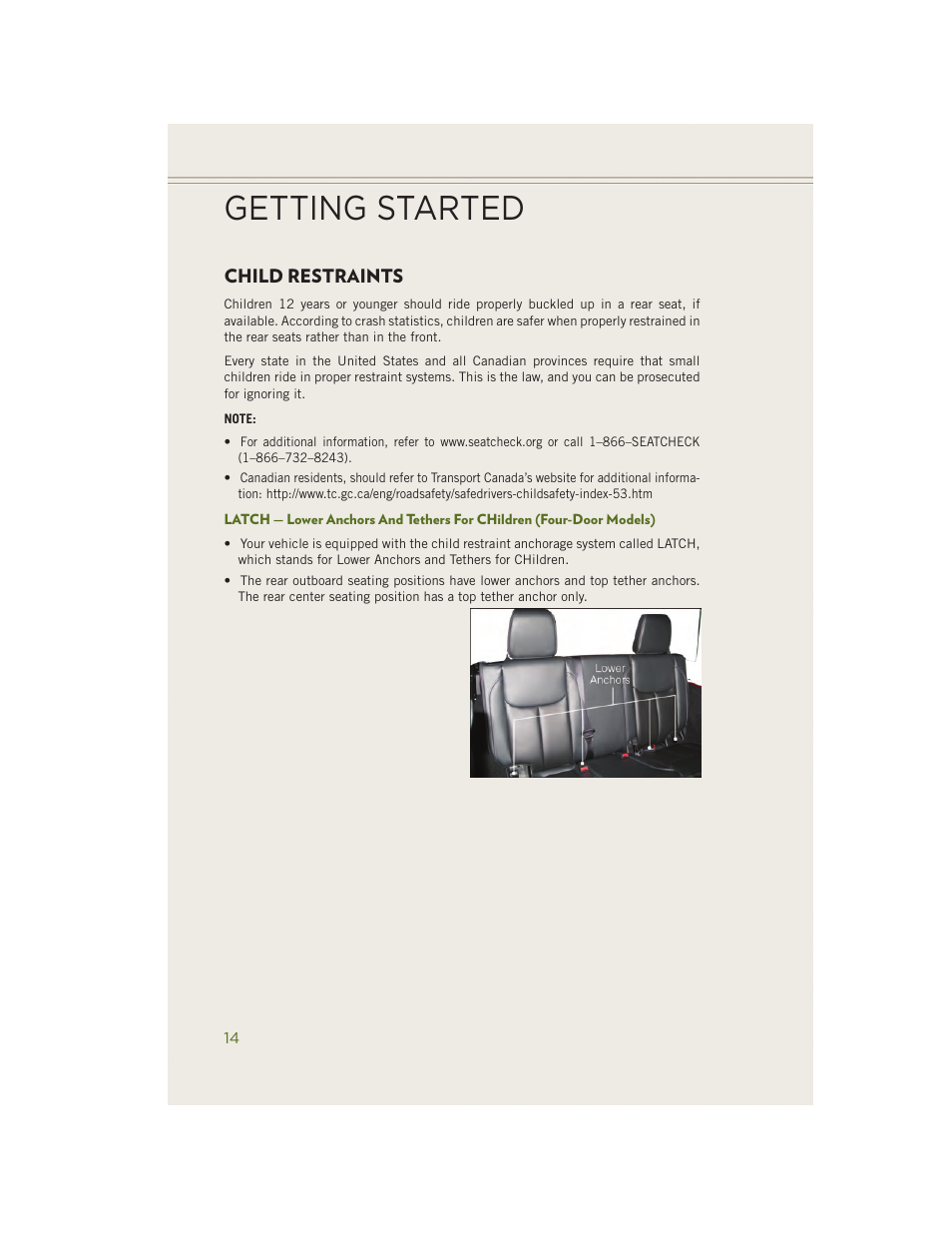 Child restraints, Getting started | Jeep 2014 Wrangler - User Guide User Manual | Page 16 / 148