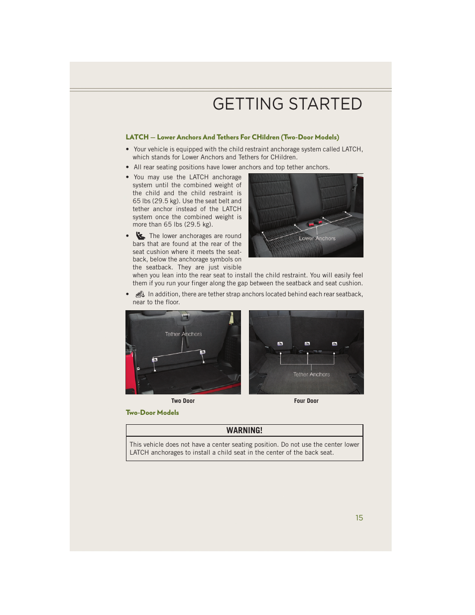 Two-door models, Getting started | Jeep 2014 Wrangler - User Guide User Manual | Page 17 / 148