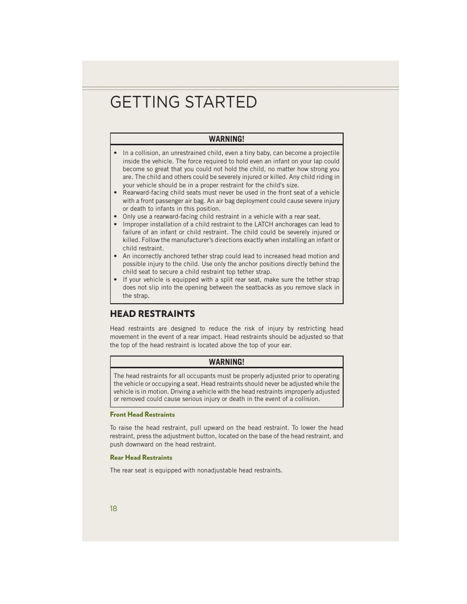 Head restraints, Front head restraints, Rear head restraints | Getting started | Jeep 2014 Wrangler - User Guide User Manual | Page 20 / 148