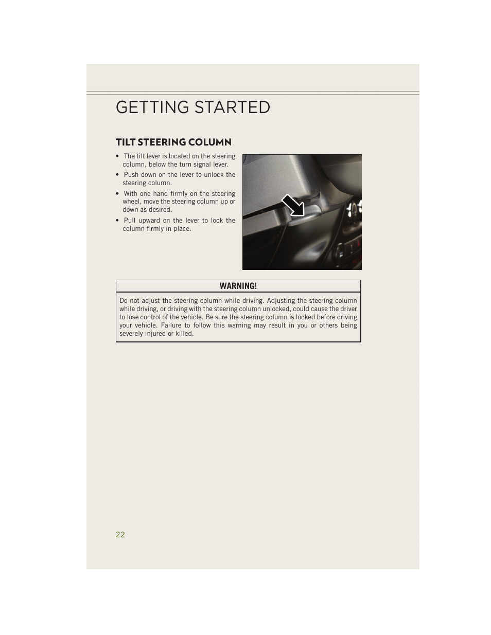 Tilt steering column, Getting started | Jeep 2014 Wrangler - User Guide User Manual | Page 24 / 148