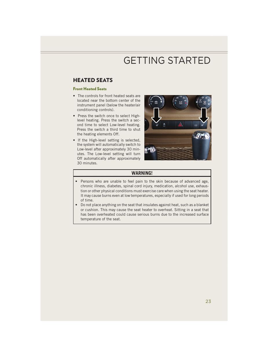 Heated seats, Front heated seats, Getting started | Jeep 2014 Wrangler - User Guide User Manual | Page 25 / 148
