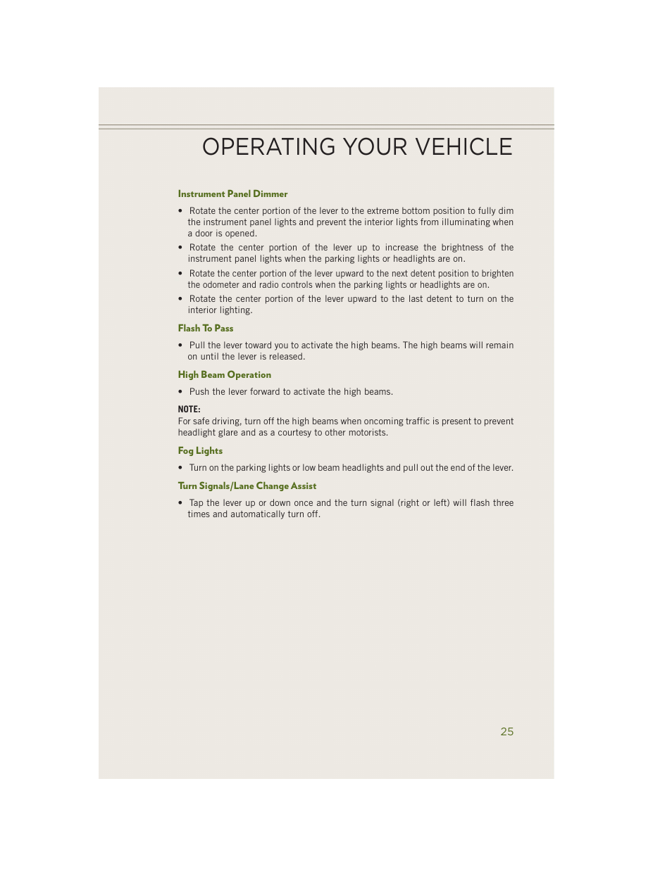 Instrument panel dimmer, Flash to pass, High beam operation | Fog lights, Turn signals/lane change assist, Operating your vehicle | Jeep 2014 Wrangler - User Guide User Manual | Page 27 / 148