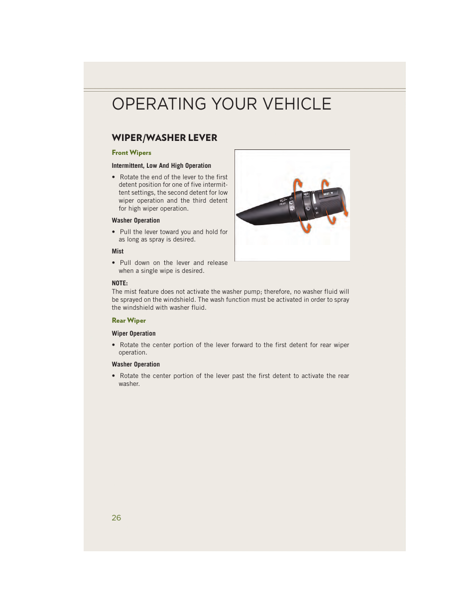 Wiper/washer lever, Front wipers, Rear wiper | Operating your vehicle | Jeep 2014 Wrangler - User Guide User Manual | Page 28 / 148