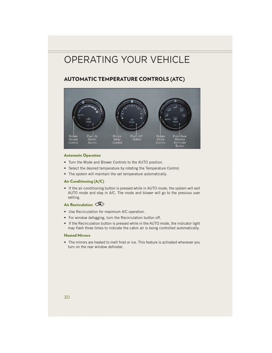 Automatic temperature controls (atc), Automatic operation, Air conditioning (a/c) | Air recirculation, Heated mirrors, Operating your vehicle | Jeep 2014 Wrangler - User Guide User Manual | Page 32 / 148