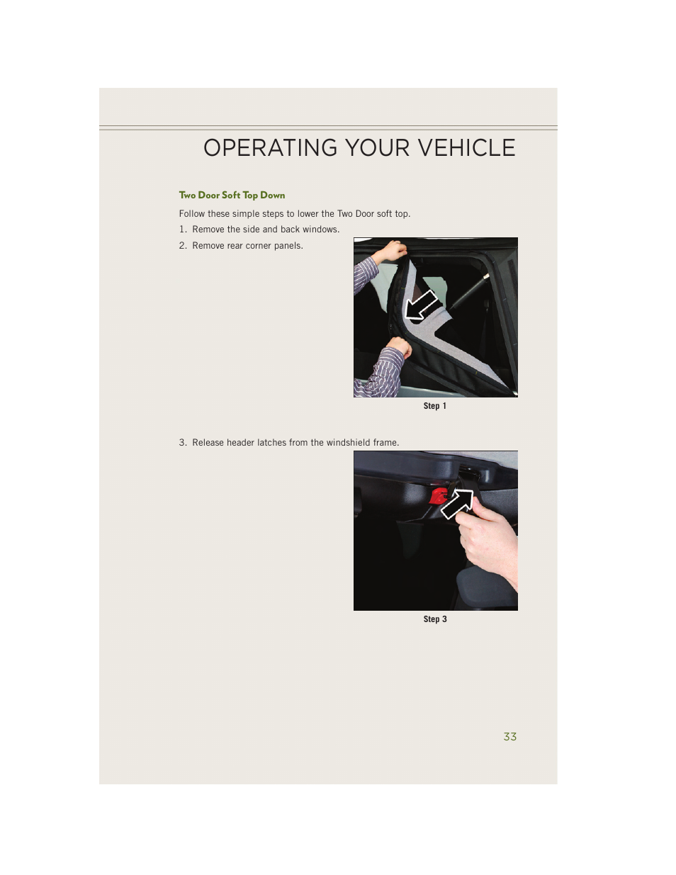 Two door soft top down, Operating your vehicle | Jeep 2014 Wrangler - User Guide User Manual | Page 35 / 148