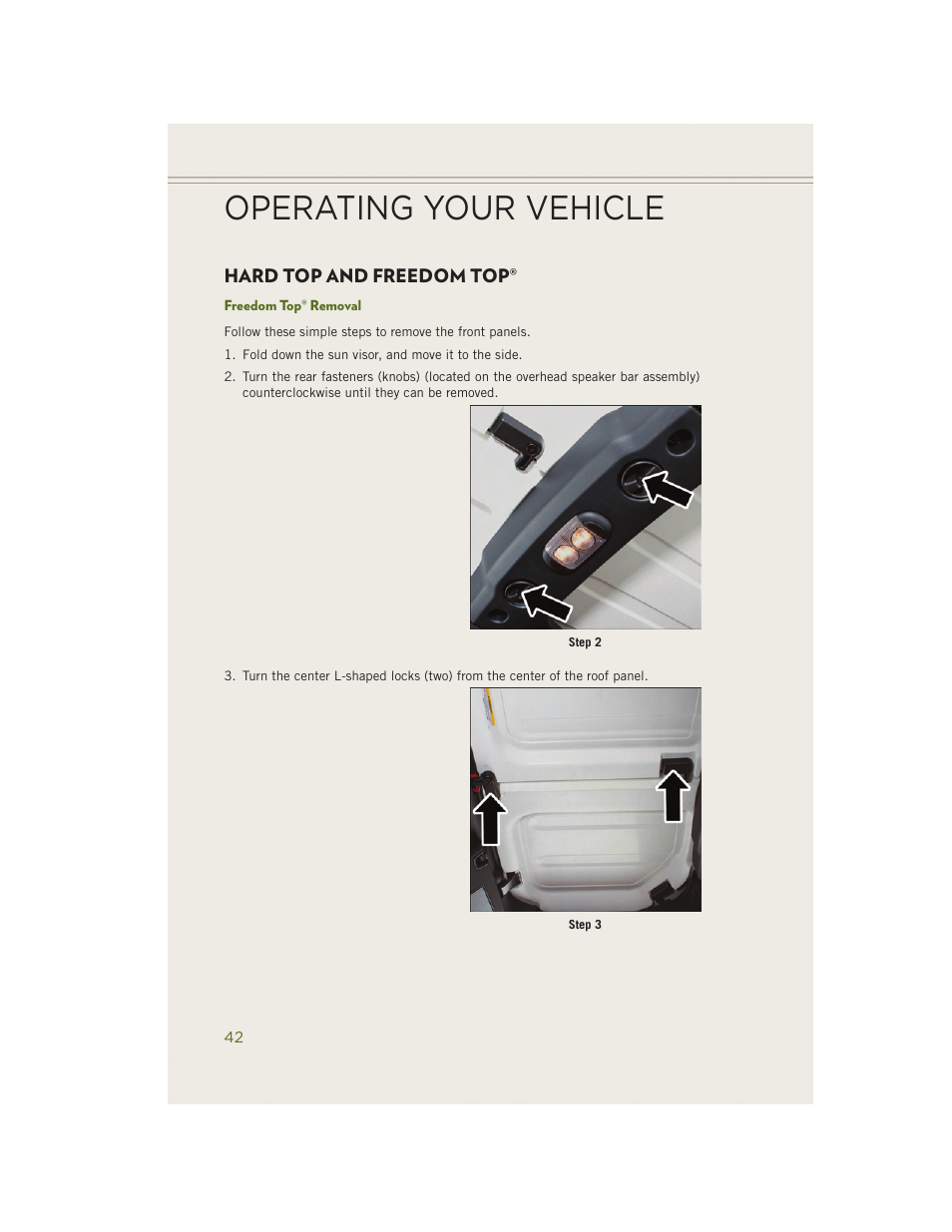 Hard top and freedom top, Freedom top® removal, Operating your vehicle | Jeep 2014 Wrangler - User Guide User Manual | Page 44 / 148