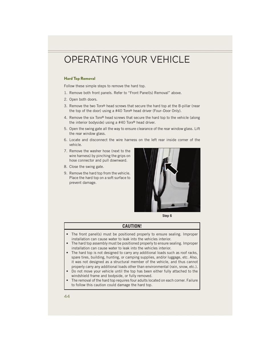 Hard top removal, Operating your vehicle, Caution | Jeep 2014 Wrangler - User Guide User Manual | Page 46 / 148