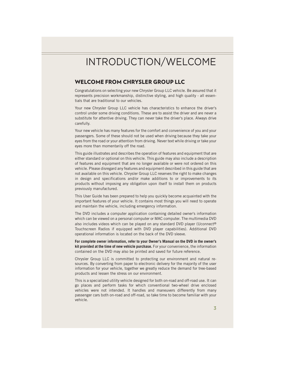 Introduction/ welcome, Welcome from chrysler group llc, Introduction/welcome | Jeep 2014 Wrangler - User Guide User Manual | Page 5 / 148