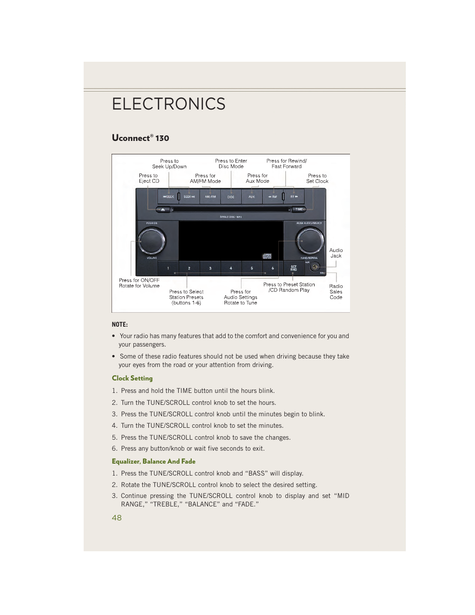 Uconnect® 130, Clock setting, Equalizer, balance and fade | Uconnect, Electronics | Jeep 2014 Wrangler - User Guide User Manual | Page 50 / 148